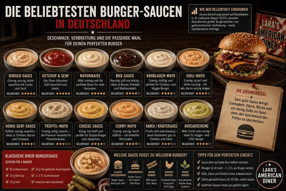 Verschiedene Burger-Saucen in kleinen Diner-Schalen