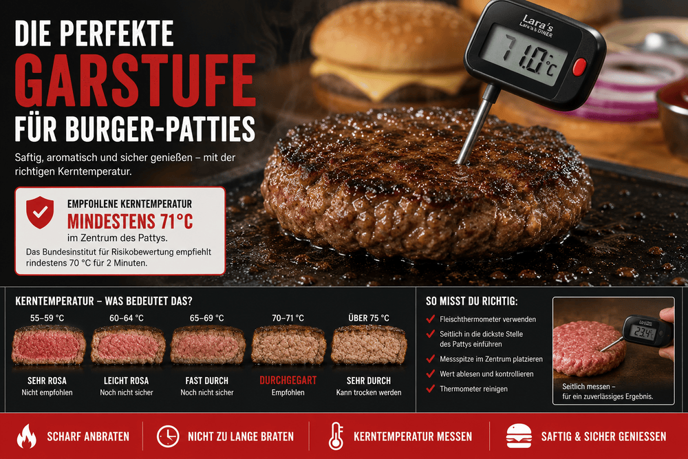 Burger-Patty mit seitlich eingestecktem Einstichthermometer